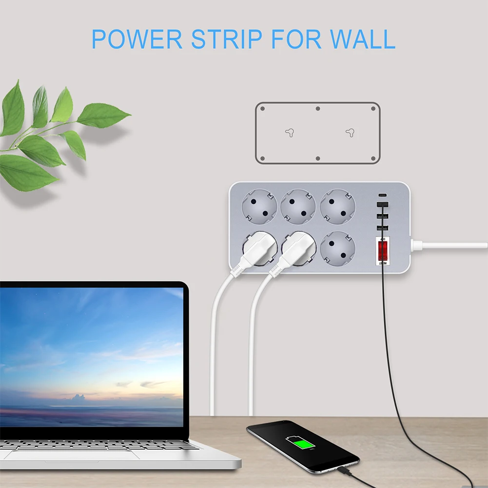 Power Strip US/EU Power Strip 10A 110V 220V 3 USB Type-C Power Smart Patch Panel 2000W Surge Protection Plug Charge Electrical Socket
