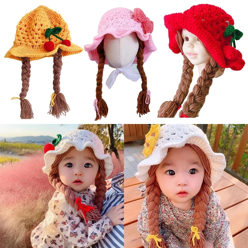 

Handmade Knitted Baby Girls Hat Infants Photography Props Headwear Newborn Wigs Brades Kids Crochet with Plaits