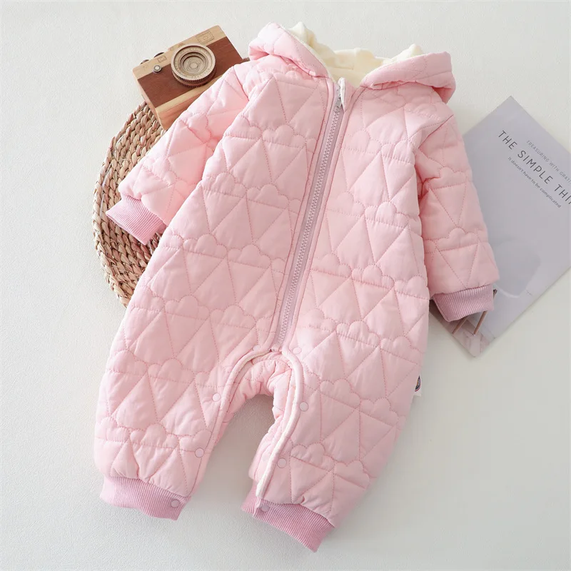 

Newborn crawling clothes winter style children's plush and thickened jumpsuit hooded embroidered men's and women's jumpsuit