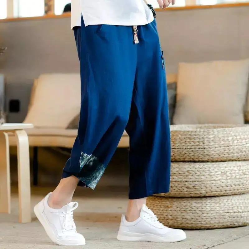 Summer Men's Clothing Loose Oversized Thin Fashion Casual Printed Spliced Button Pocket Elastic Waist Wide Leg Cropped Shorts