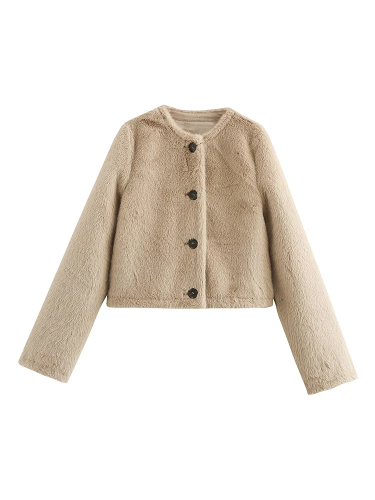 Women Chic Faux Fur Short Jacket Coat Autumn New Long Sleeve Simple Commuting Style O Neck  Fashion Female Button Up Warm Coats