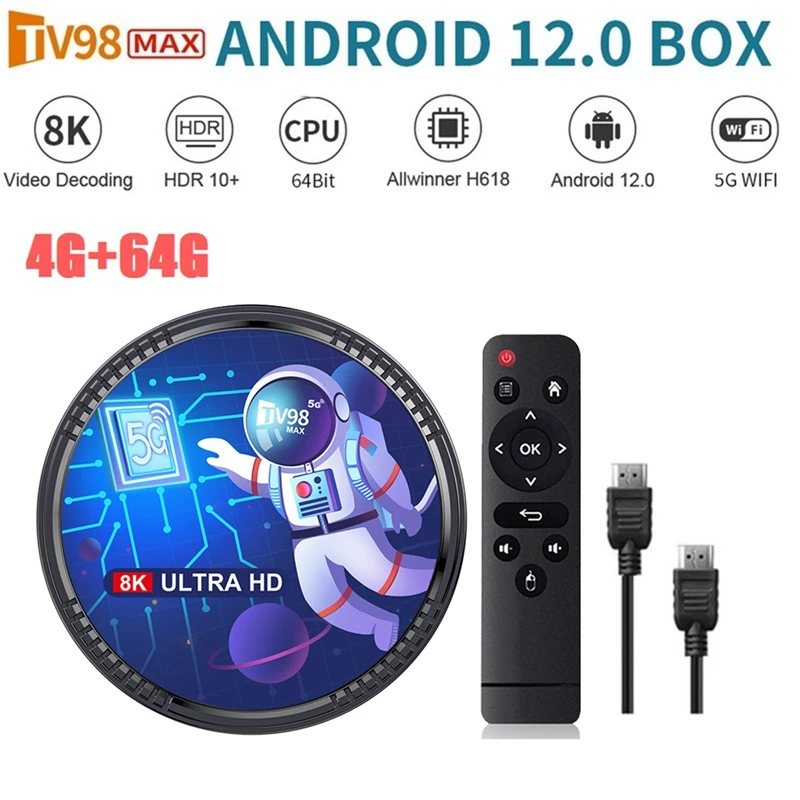 

ТВ-приставка TV98MAX, 4 + 64 ГБ, Allwinner H618, Android 12, 2,4 ГГц