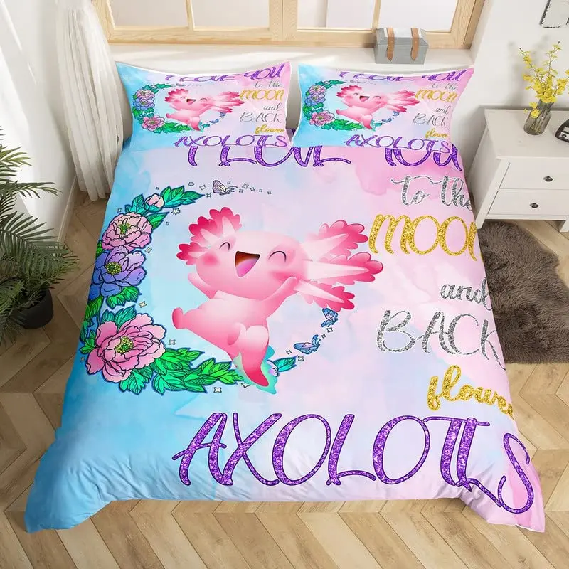 Nette Axolotl Bettwäsche-Set 135x200 Cm – 100% Baumwolle, Kawaii Cartoon Design Mit Kissenbezug