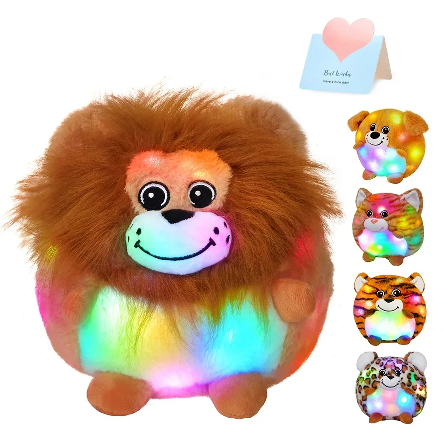 LED Toys Cute Smal Animals Pillows Lion Doll Lighting Up Plush Toy Musical Tiger Stuffed Throw Pillow for Girls Kawaii Sleep