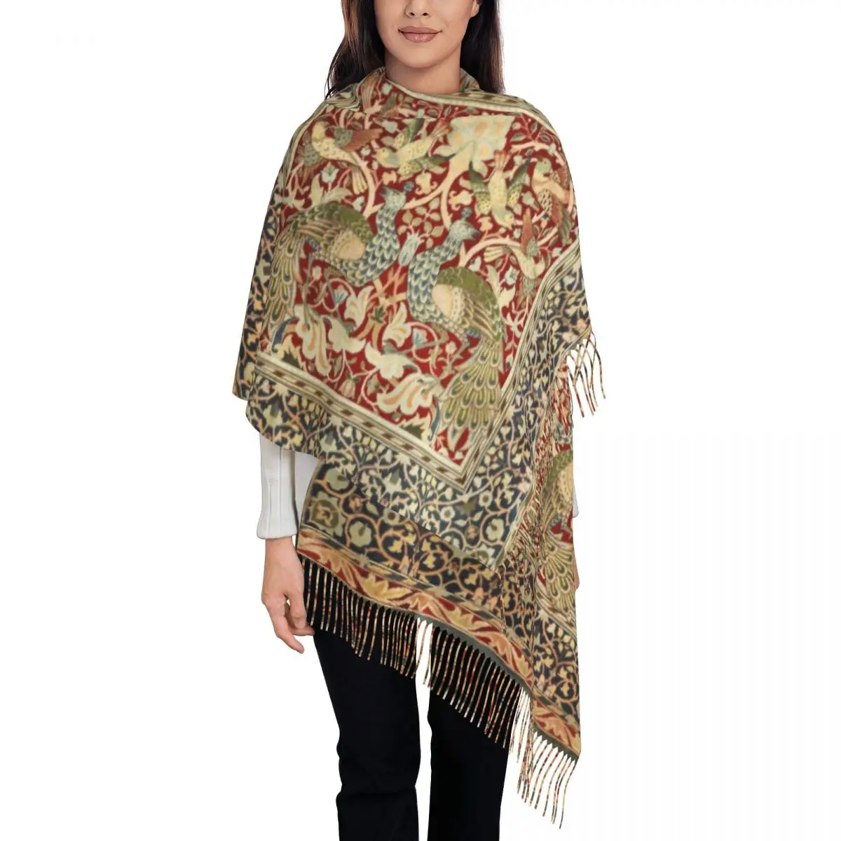 

William Morris Vintage Tassel Scarf Women Soft Floral Textile Pattern Shawls Wraps Ladies Winter Fall Scarves