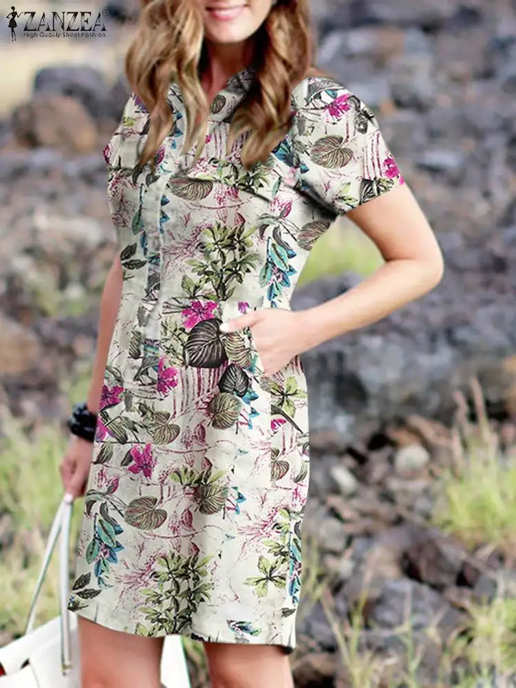 

ZANZEA Fashion Floral Printed Dress Woman Casual Holiday Sundress Short Sleeve Lapel Neck Dresses Bohemian Elegant Dresses 2023