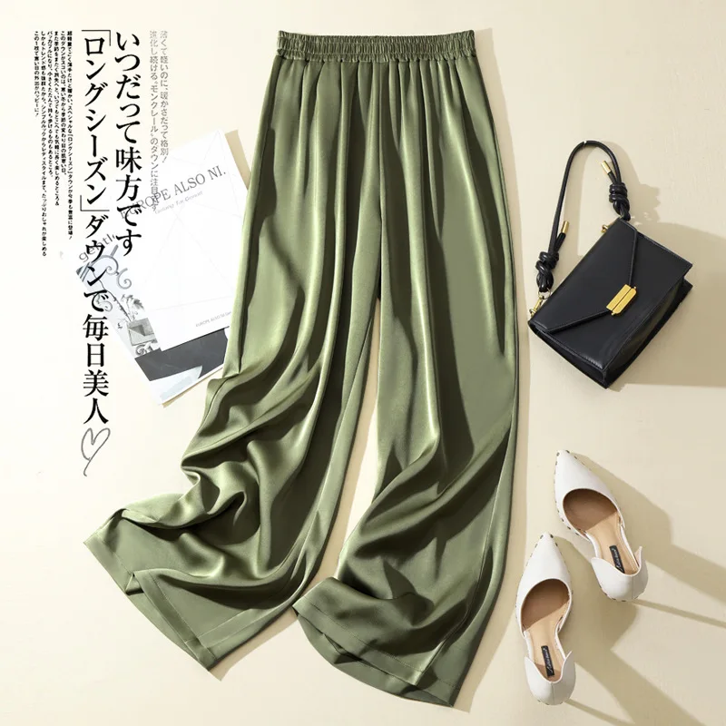 Acetate Silk Satin Straight-leg Pants for Women, Summer Cupro Wide-leg Pants, High-waist Drape, Silky Texture Casual Trousers