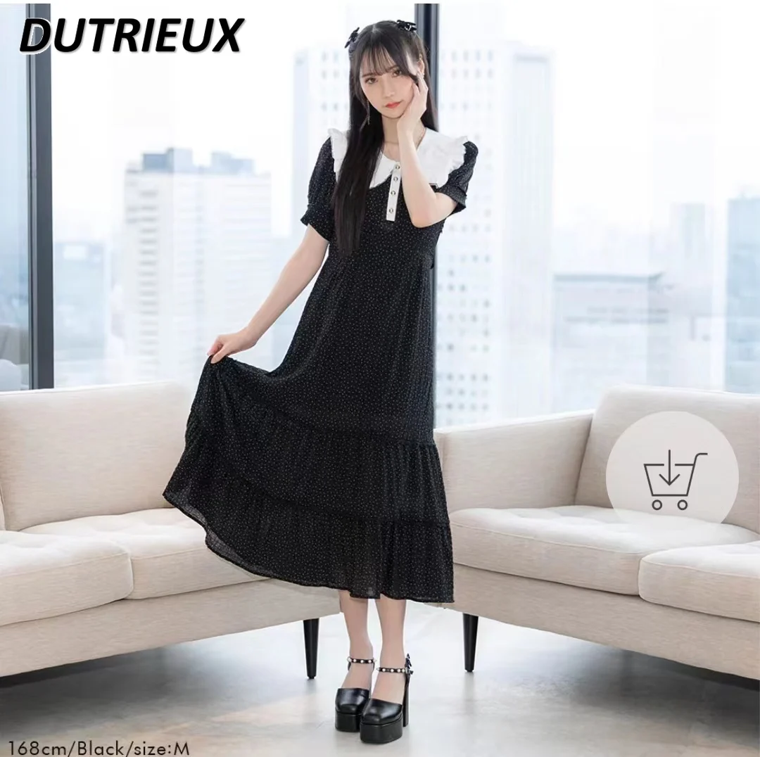 

Japanese Style Short Sleeve Elegant Dress for Women Retro Sailor Collar Polka-Dot Long Dress Fashion Summer Women's Dress