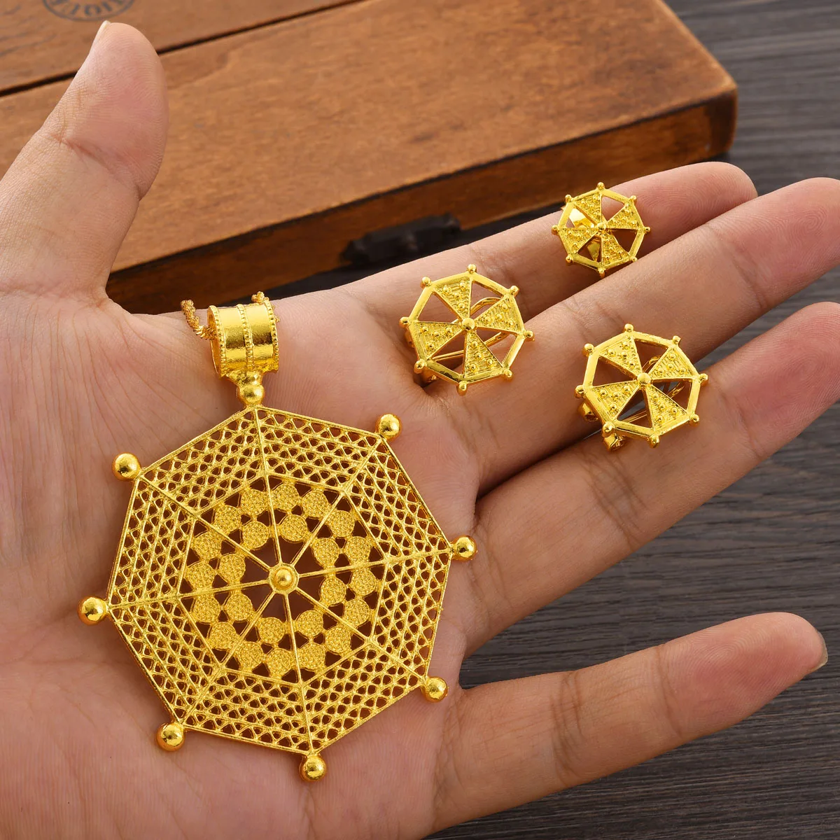 Ethiopian Golden Color Cross Jewelry Sets Pendant Earrings Rings African
