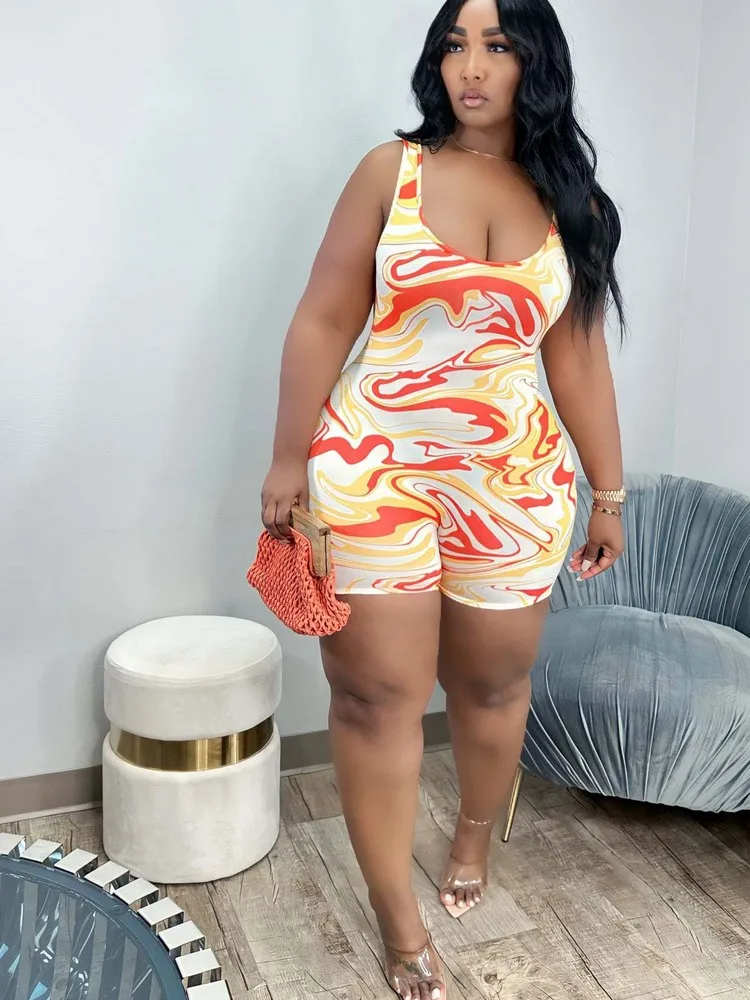 

Summer Casual Aesthetic Print Skinny Playsuit Ladies Low Neck Sleeveless One Piece Overalls Vintage Waist Shaped Bodycon Rompers