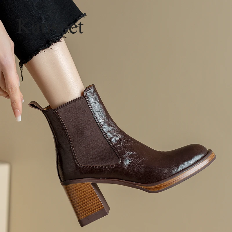 

Kanseet Elastic Short Boots For Women Fashion Autumn Winter Genuine Leather Shoes Round Toe High Heels Ladies Ankle Boots Brown