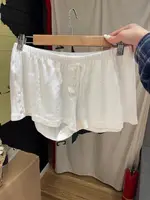 Eyelet Buttons White Long Sleeve T-shirt Shorts Set Woman Slim Tees+Elastic Straight Sweatshort Cotton Home Pajama 2 Piece Sets - Image 4