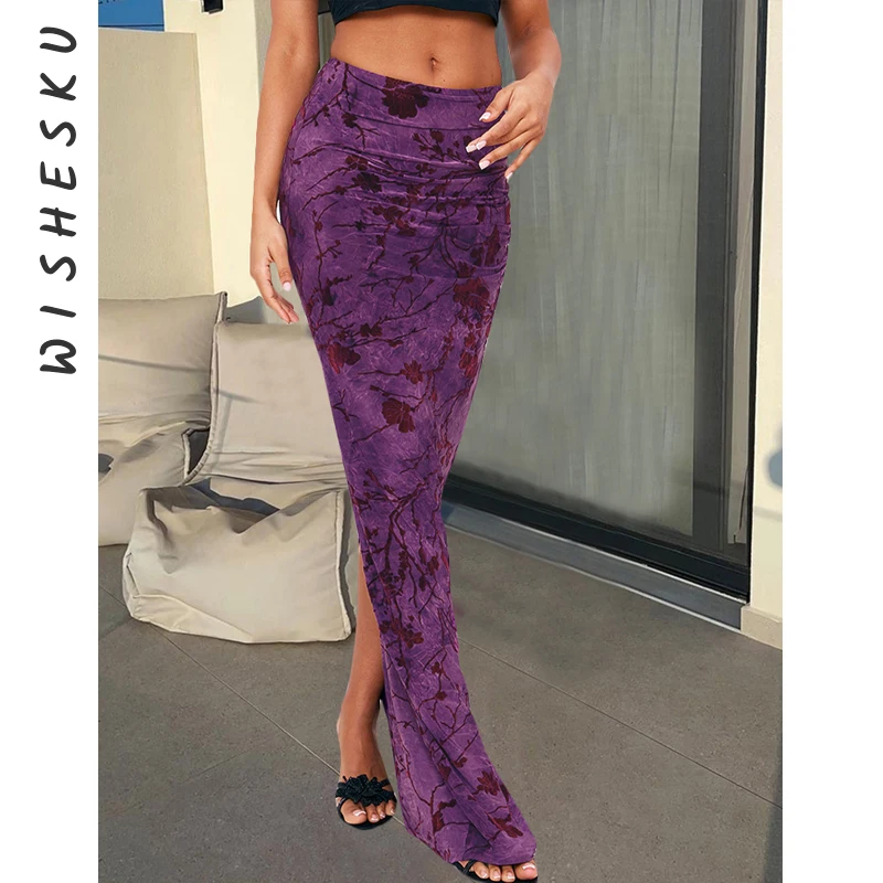 

Sexy Low Rise Vintage Aesthetic Velvet Maxi Skirt Women Side Slit Slim Fit Solid Long Skirts 2024 Summer Fairy Core Clothes