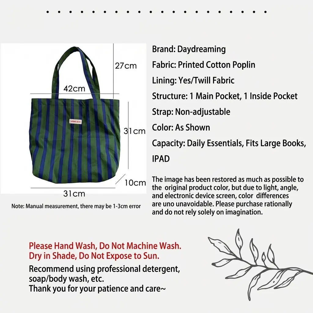 Original Design French Retro Grün gestreifte, vielseitige Umhängetasche, große Kapazitätstasche, Canvas-Tasche, Damentasche, Tragetaschen für Damen – Detail 6