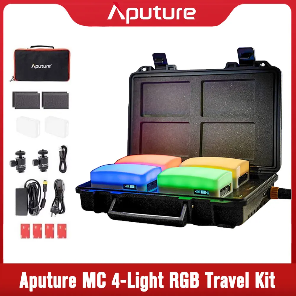 

Aputure MC 4-Light LED Travel Kit 5W On Camera LED Video Light TLCI/CRI 96+ RGB 3200K-6500K HSI Color Control with Charging Case