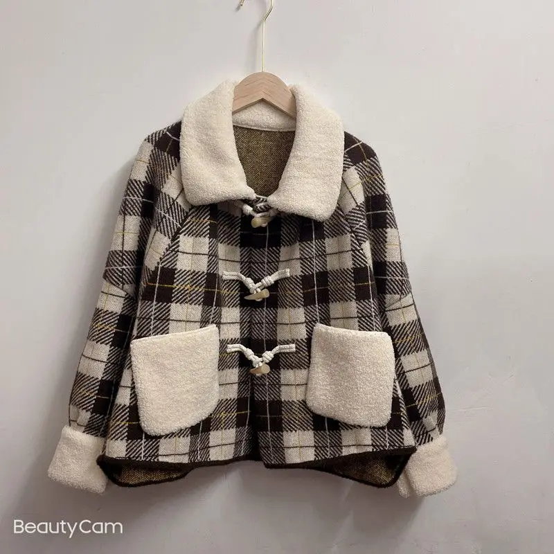 

Mink velvet crystal velvet cardigan coat women plaid lamb wool collar long sleeve casual short coat cow horn button coat female