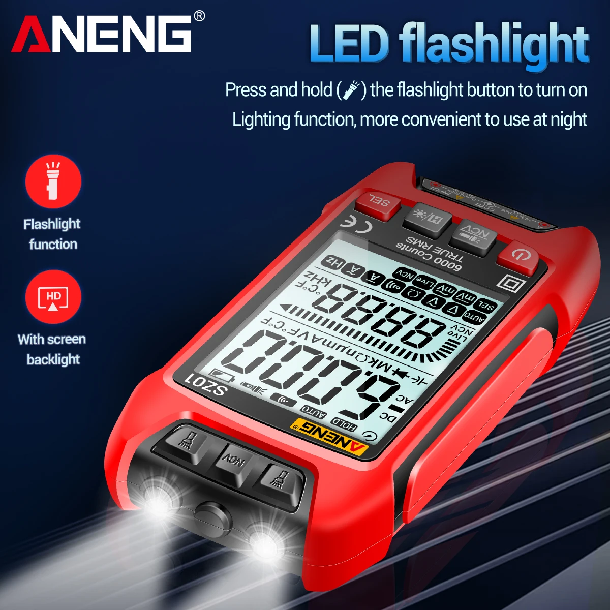 ANENG SZ01 Ʈ  Ƽ, 6000 īƮ, ڵ , True RMS, NCV  跮 ׽, а, , AC/DC 