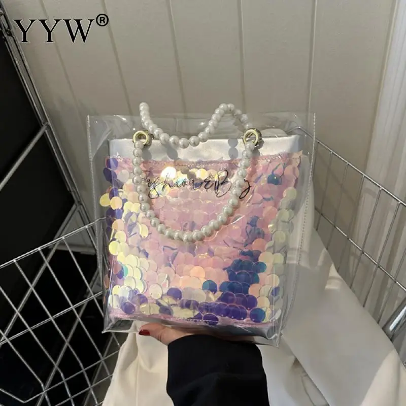Fashion Pearl Handle PVC Clear Transparent Tote Bag Women Glitter Jelly Bag Ladies Luxury Shoulder Bags Female Messenger Bag