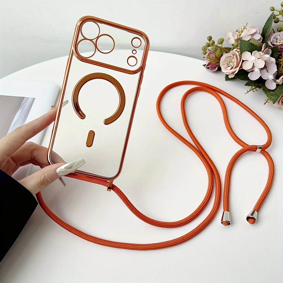 Elegant Magnetic Clear Phone Case with Luxury Rope Lanyard and Plating Finish