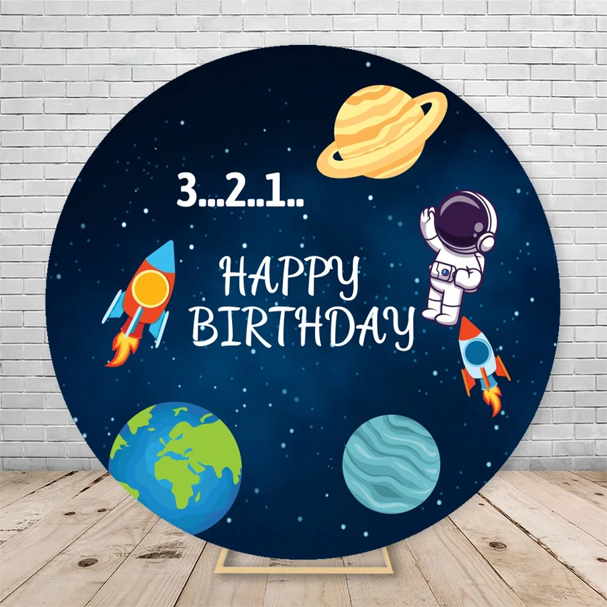 우주 별이 빛나는 하늘 우주 비행사 원형 배경 커버, 어린이 생일 파티 다크 블루, 우주 배경 커버, 탄성