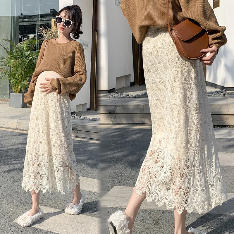 New Spring Autumn Chic Lace Maternity Skirts High Waist Adjustable Belly Clothes For Pregnant Women Korean Pregnancy Skirts