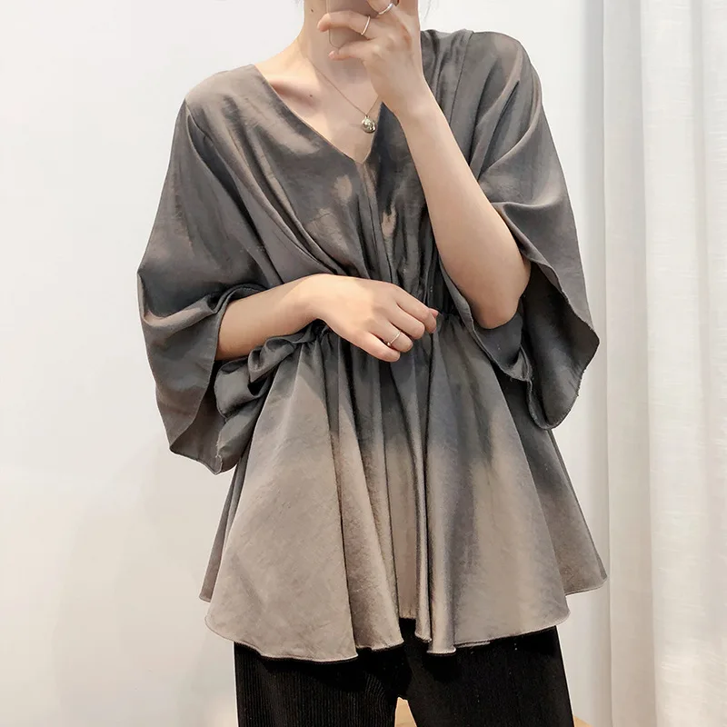 

2022 summer A-line waist closing skirt fluffy chiffon shirt short sleeve women's wear new V-neck bat sleeve top