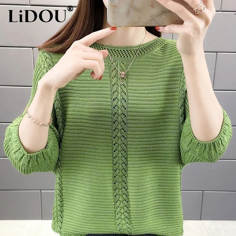

Autumn Winter Casual Fashion Solid Simple Hollow Out Sweater Women Half Sleeve Loose All-match Knitting Pullover Female Clothes