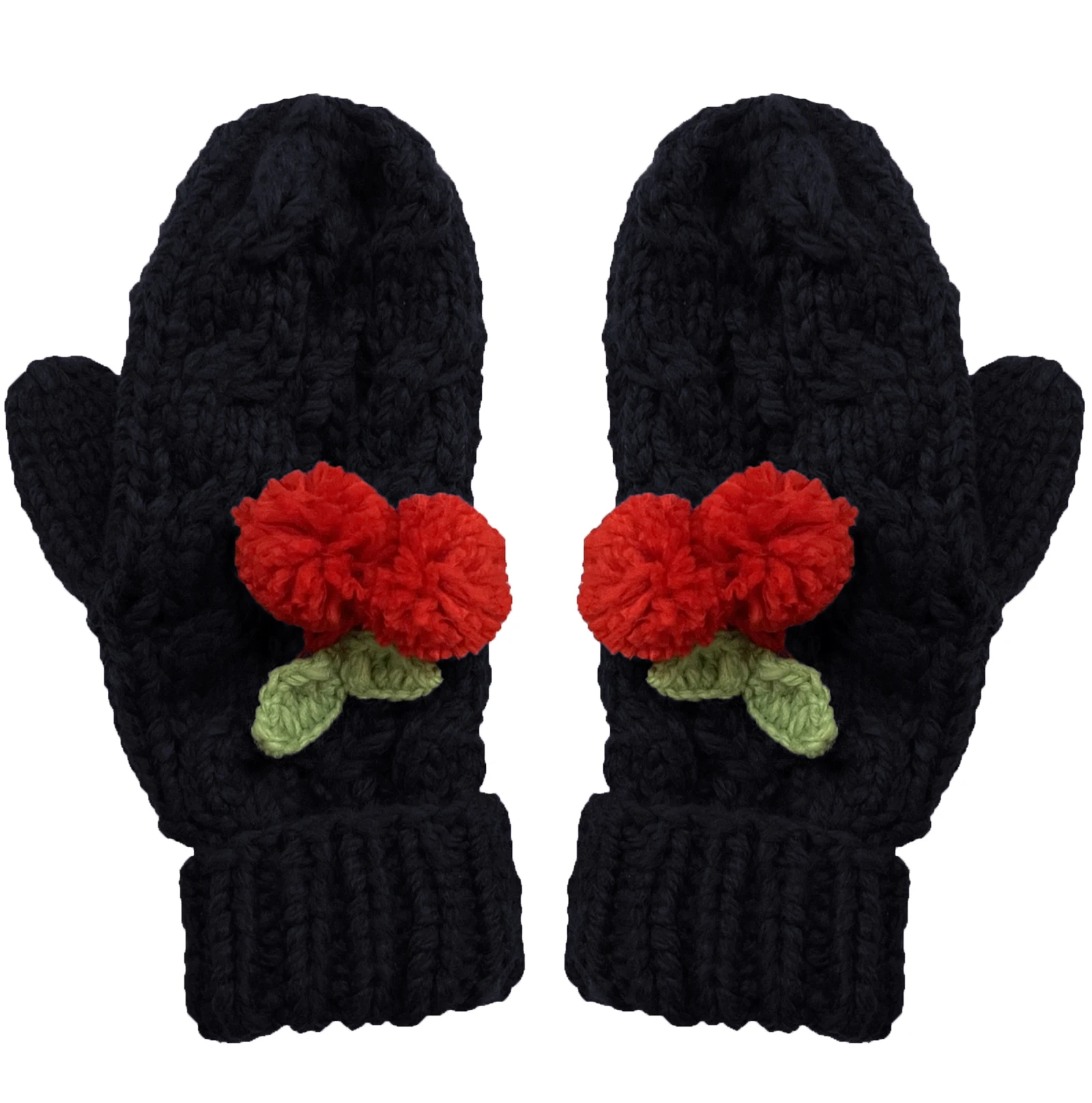 

BomHCS Cute Cherry Gloves Mittens Women Handmade Cable Knitting Winter Warm