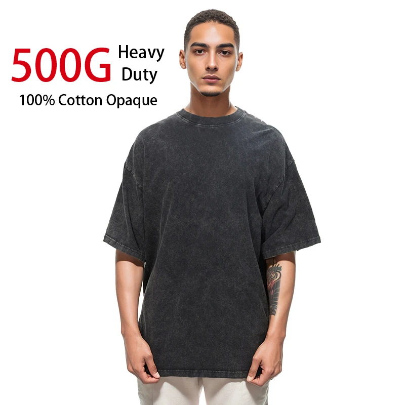 

500G Heavy Pure Cotton American Retro Batik Washed Distressed T-shirt Fashion Brand Men's Loose Couple Short Sleeve