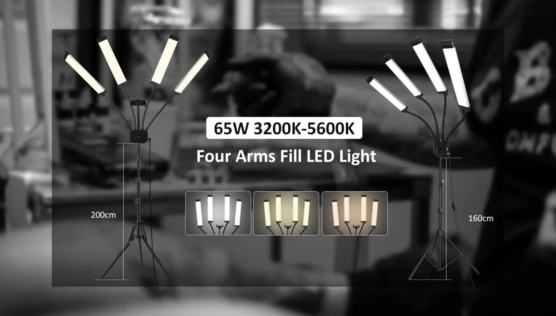 thumbnail interactive-video image 1 of Four Arms RGB LED Studio Light With Tripod - 2700K-6500K Color Temperature, Sound Activation & Timer 1 of 12