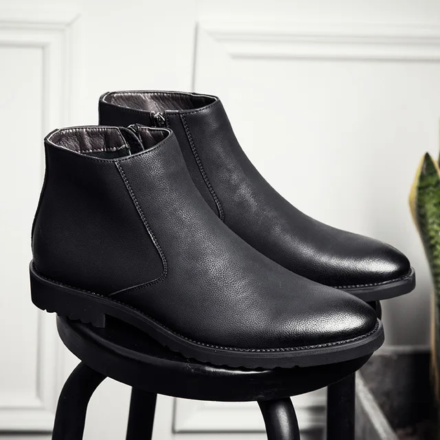موضة تشيلسي أحذية الرجال لينة جلد حذاء من الجلد النمط البريطاني الرجال الأحذية العلامة التجارية الأحذية السوداء A235 5