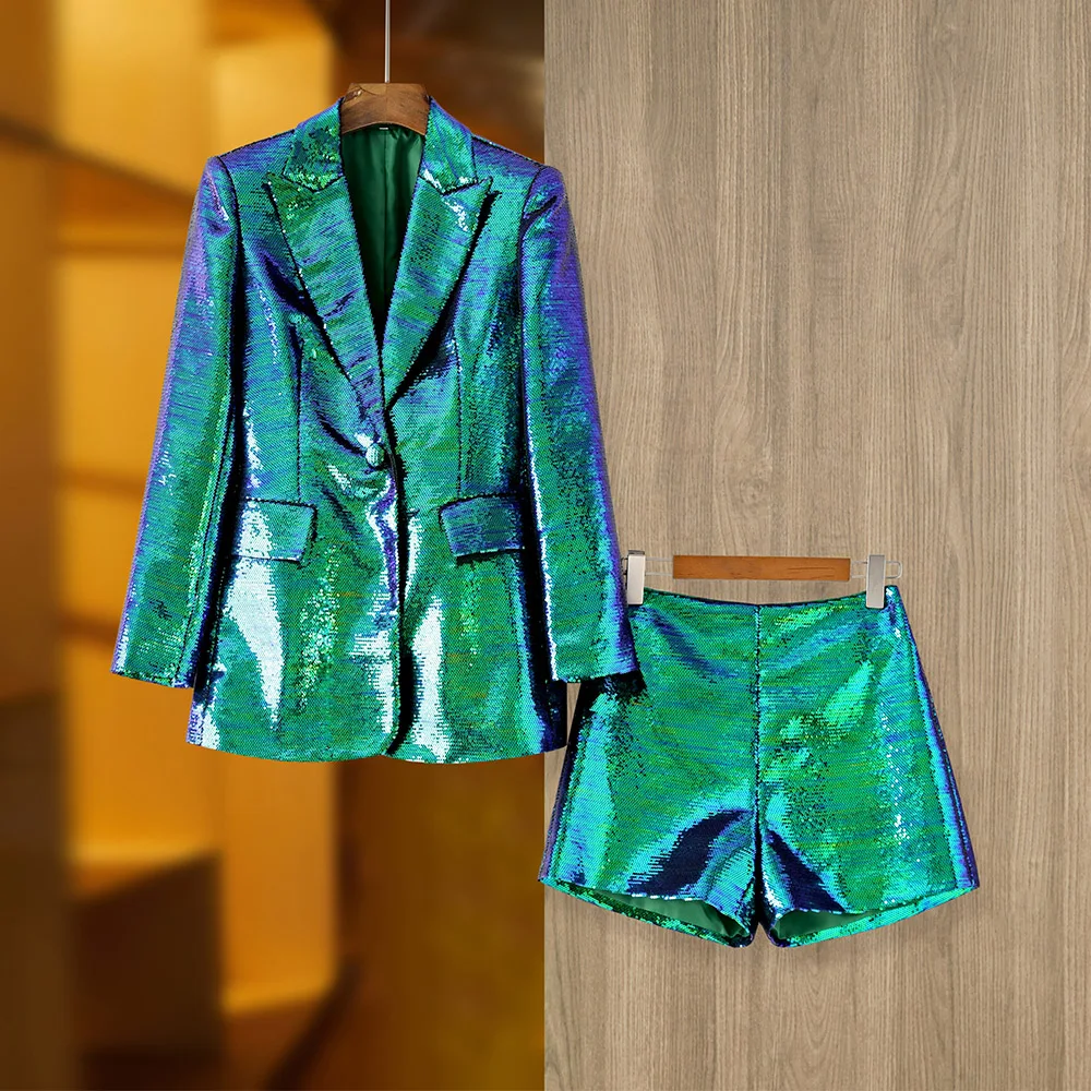 Eye-catching Occasion Wearing Women Clothing Shining Bling Gradient Color Dark Green Sequins 2PCS Blazers Shorts Sets 6