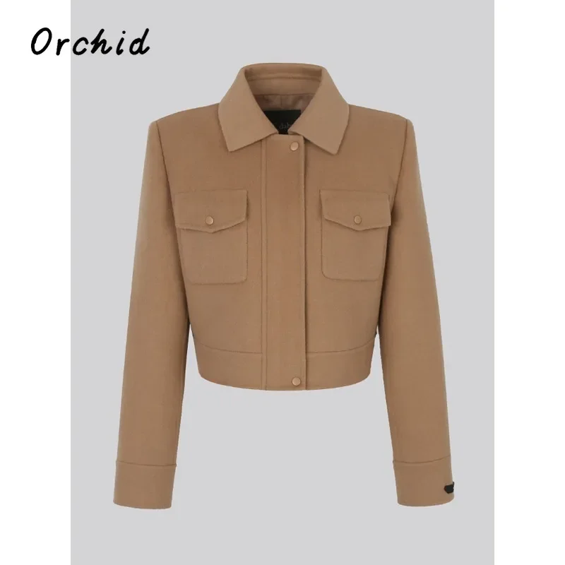 

2023 Autumn Winter Vintage Simple Solid Flap Pocket Cropped Jacket Women Long Sleeve Lapel Zipper Coats Harajuku High-end Coat