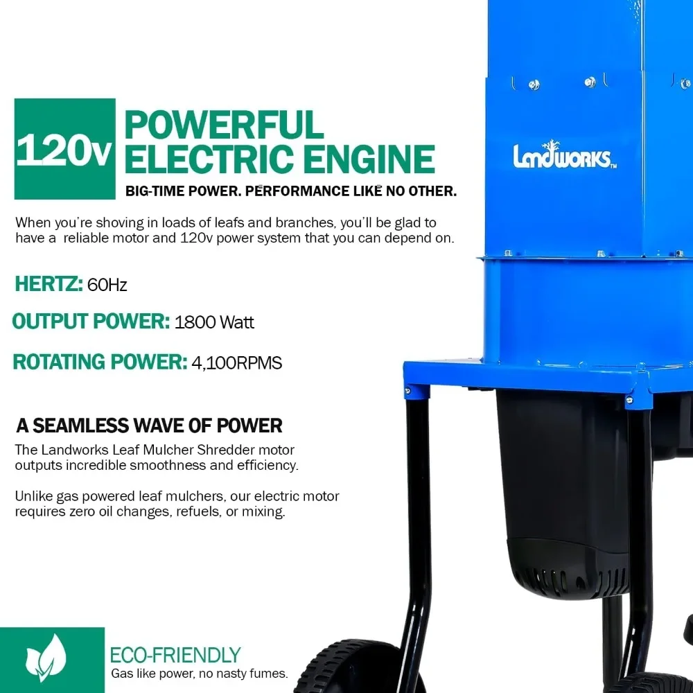 Leaf Mulcher Shredder Electric Green and Waste Management Heavy Duty 120V AC 11" Inch Cutting Blade 5" Inch Cutting Capacity