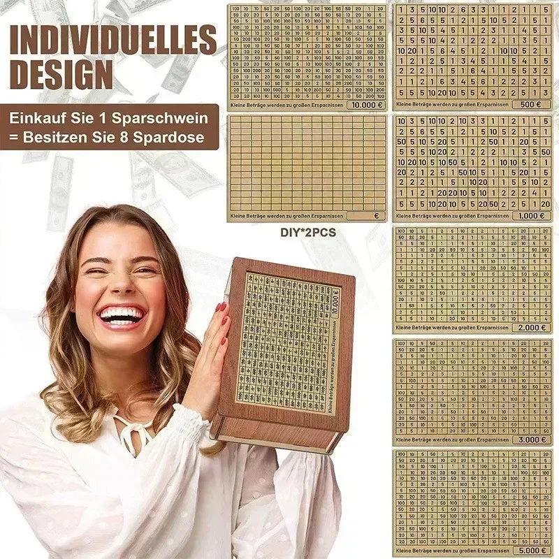 Houten spaarpot van 500/1000/2000/3000/5000/10000 euro, herbruikbare spaarbox met spaardoel en cijfervakjes._voghion.com