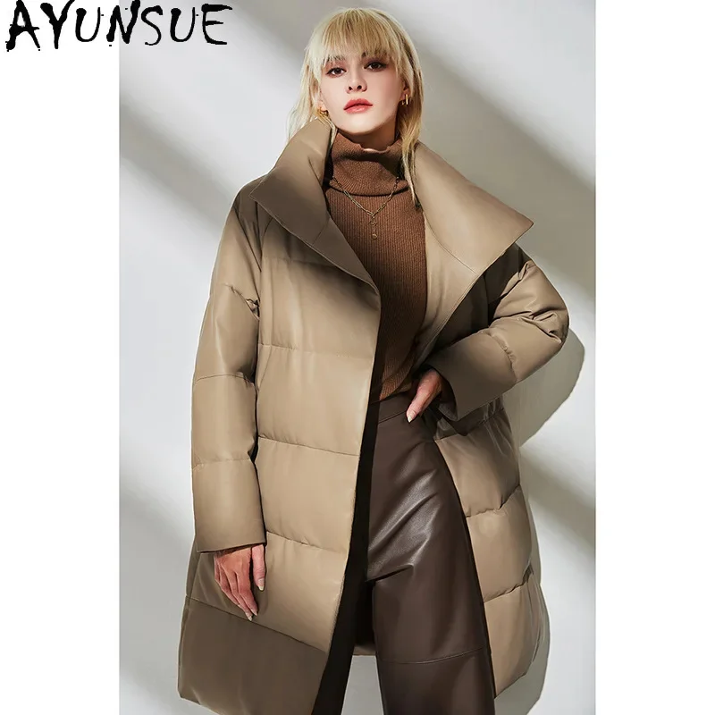 

Real AYUNSUE Leather Jacket Women Genuine Sheepskin Coat 90% White Goose Down Standing Collar Fashion Mid-long Warm Parkas