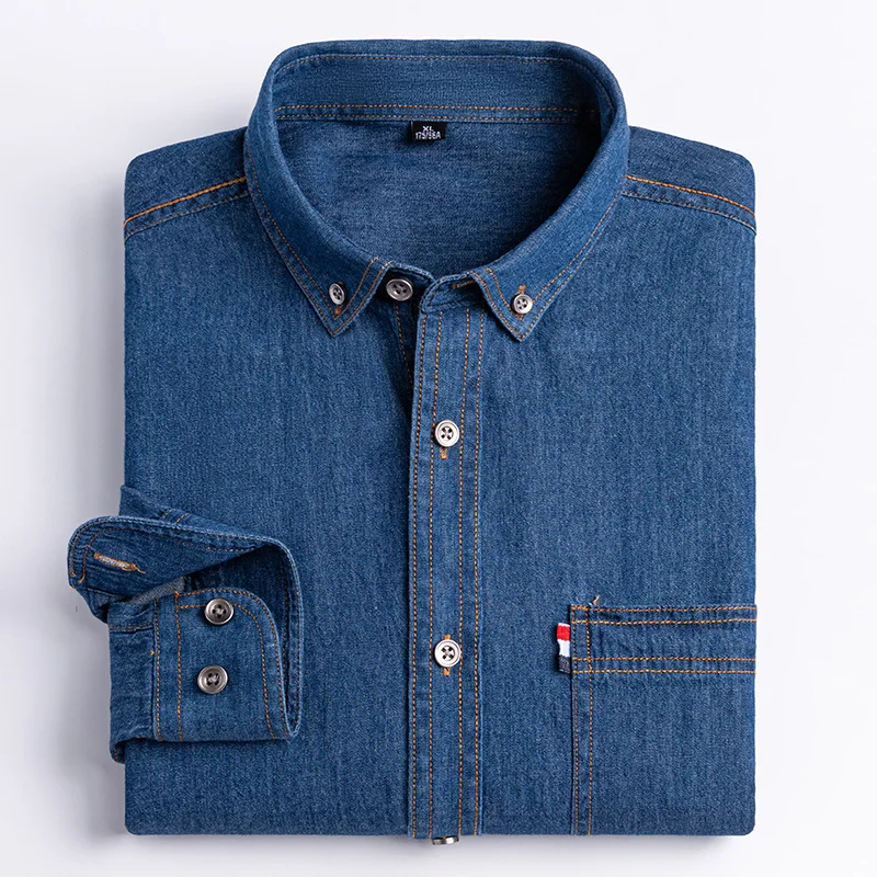 New Jeans Shirts Men Cotton Long Sleeve Button Front Pocket Casual Street Wear Slim Fit Denim