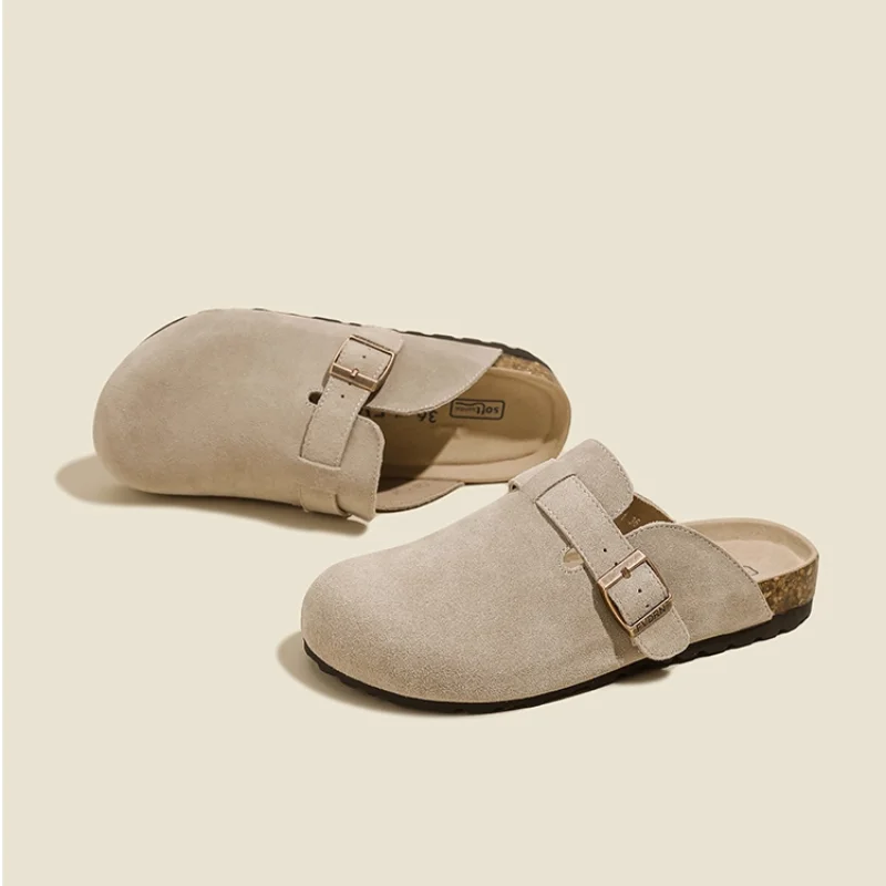 Unisex Suede Wooden Slippers with Cork Insoles - Versatile Indoor/Outdoor Beachfront Villa Footwear