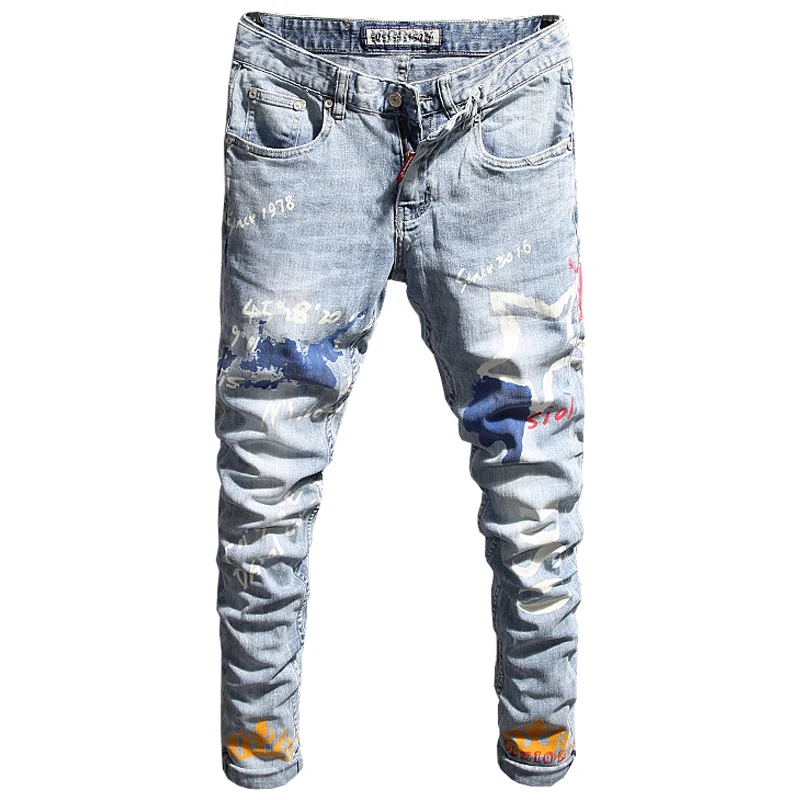 Street Fashion Men Jeans Retro Light Blue Slim Fit Printed Designer Jeans Men Punk Trousers Hip Hop Casual Pencil Pants Hombre
