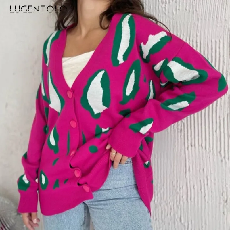 

Women Jacquard Leopard Sweaters Knitted Cardigan Single-breasted Loose V-neck Female Elegant New Autumn Winter Cloth