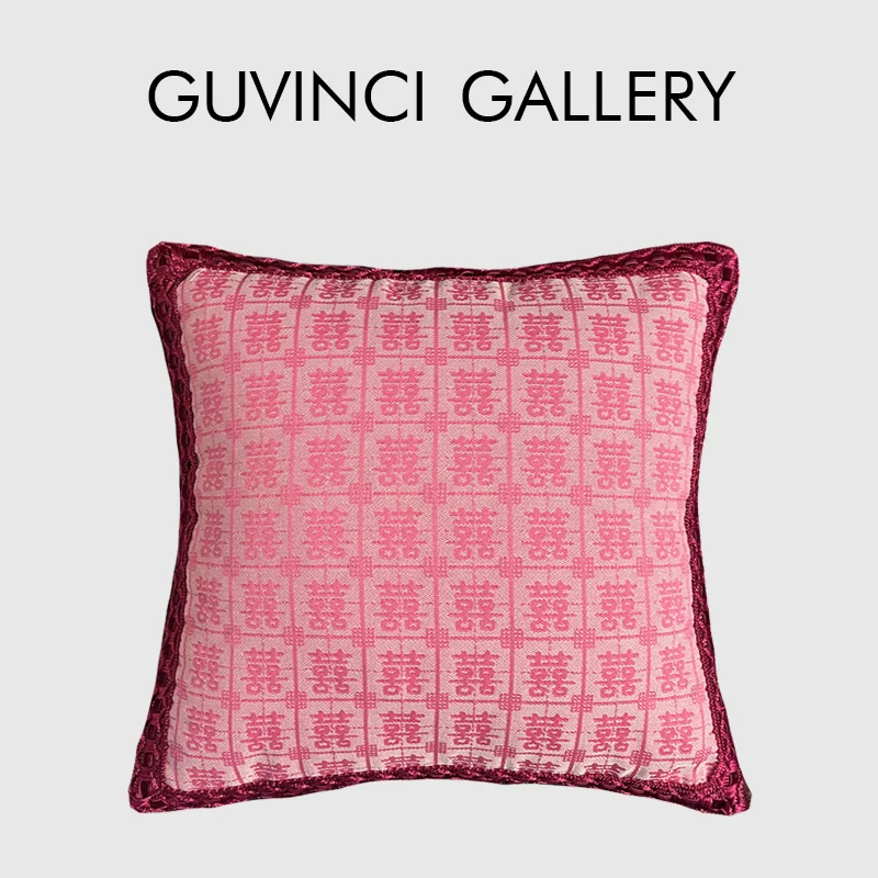 

GUVINCI GG Style Double Happiness Letters Jacquard Throw Pillow Cover Romantic French Decorative Cushion Case 40x40 With Tassels