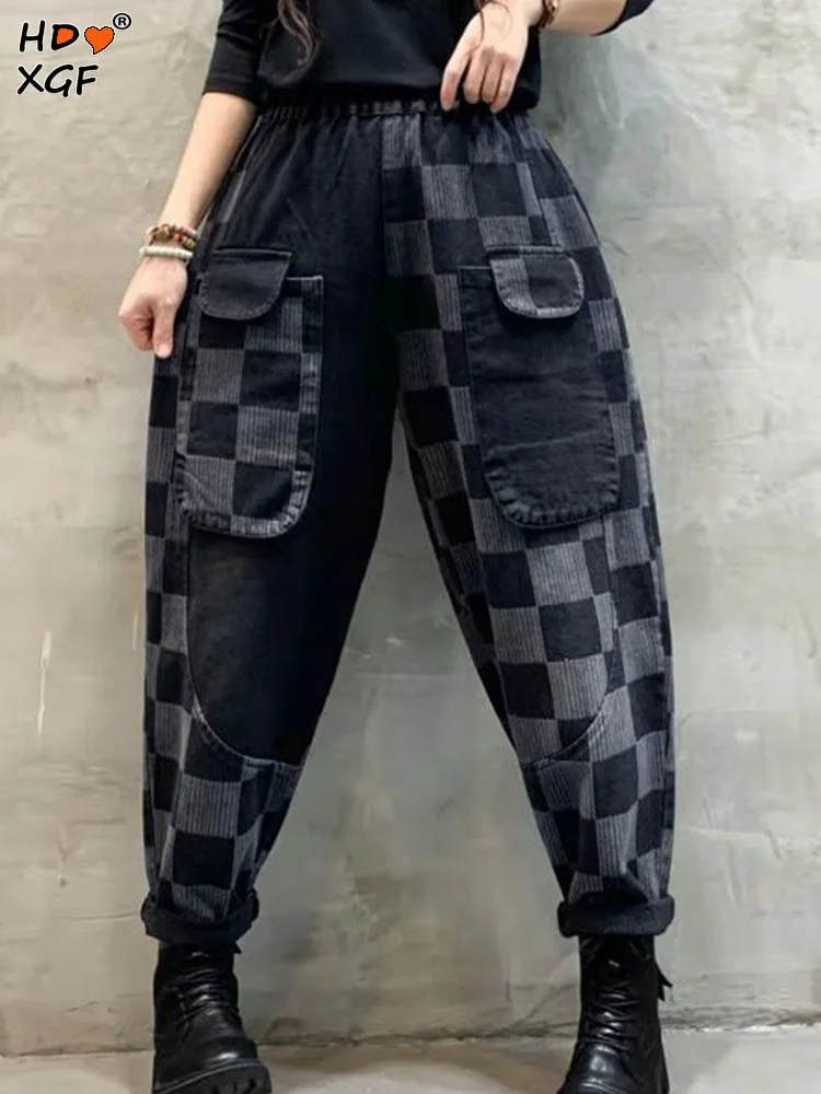 

Plus Size Plaid Patchwork Ankle-length Harlan Pants Spring Fall Elastic High Waist Baggy Pants Women Streetwear Casual Trousers
