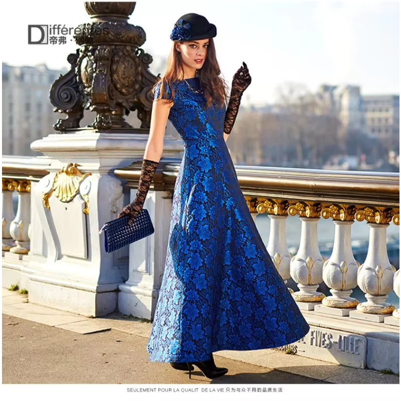 2016 Elegant Women Summer Maxi Dress Solid Blue Slim Fit Flare