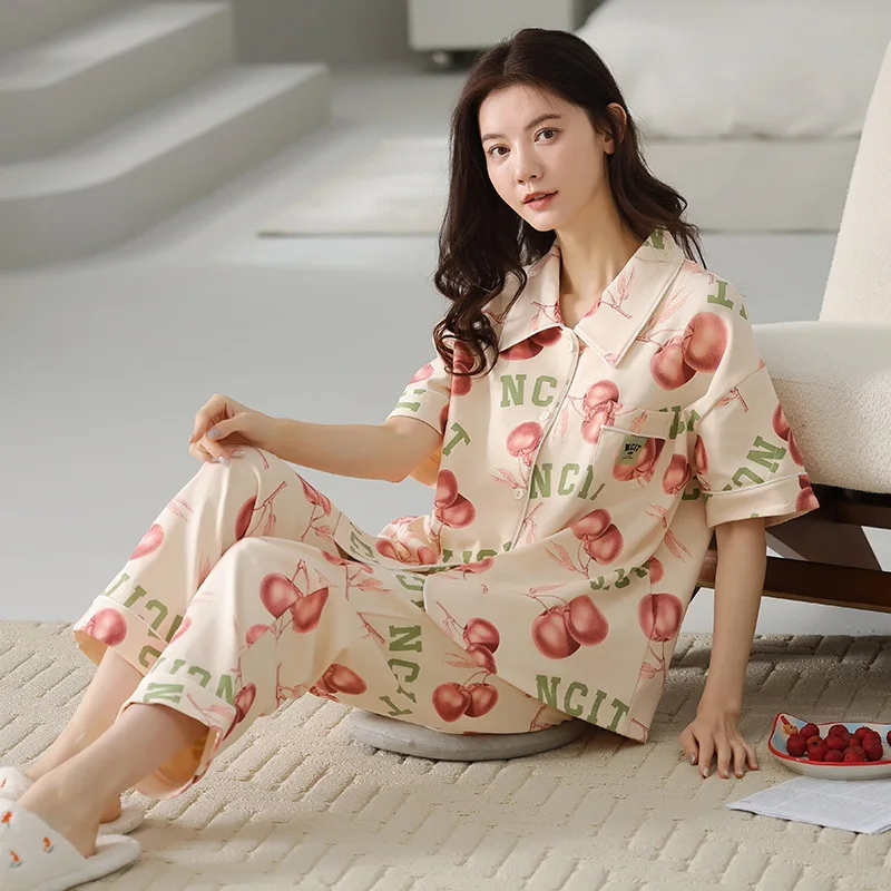 Spring Summer Women's Thin Knitted Cotton Pajamas Lapel Short Sleeve Cardigan Pants Girls Cute Loose Casual Home Clothing Set