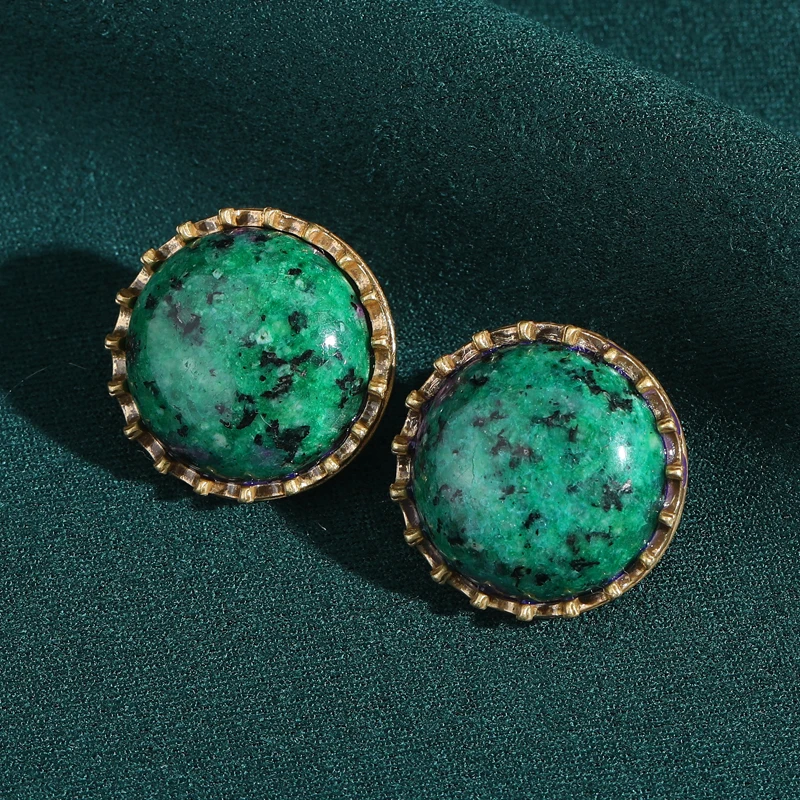 أقراط كلاسيكية خضراء مستديرة من الحجر الطبيعي مجوه...