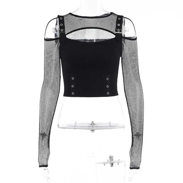 white fishnet crop top long sleeve