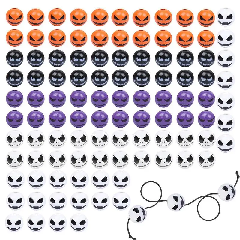 

Halloween Round Loose Beads Halloween Craft Wooden Beads 100pcs Halloween Pattern Decorative Wood Beads For Necklaces Bracelets