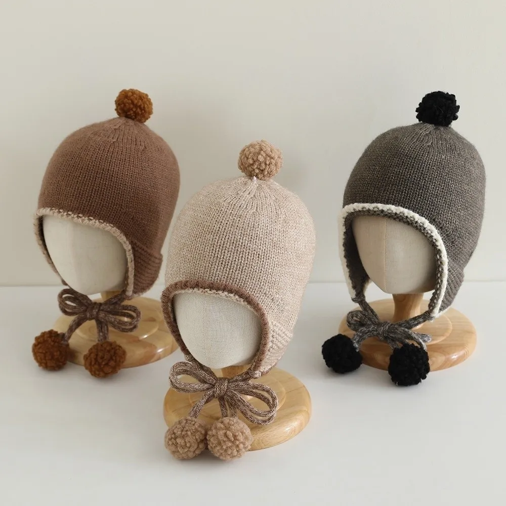 Korean Winter Baby Knitted Cap Tassel Bobbles Baby Beanie Cap Warm Thick Ear Protection Hat Kids