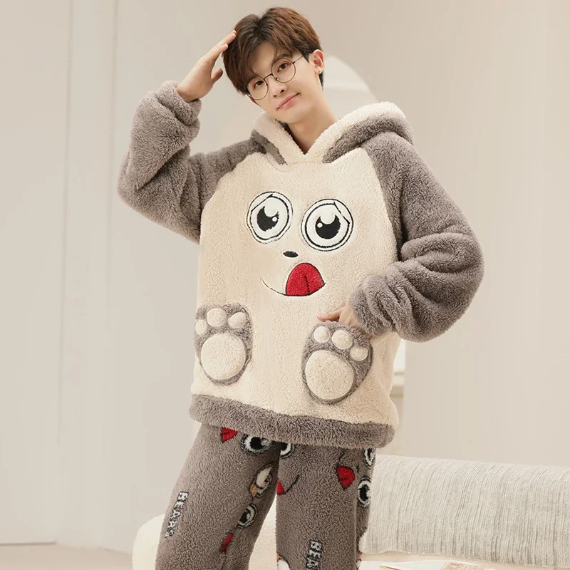 Men Winter Thickened Coral Fleece Pajamas Set Plush Hooded Home Suit Long Sleeve Cartoon Flannel plush pajamas pajamas set flannel pajamas set man pajamas set 2PCS Set Warm Nightwear 5XL
