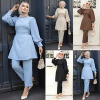 Ensemble 2 pièces pour femmes musulmanes, manches longues, à lacets, Y et pantalon, Turquie Abaya, tenues islamiques solides, caftan arabe, survêtement 3